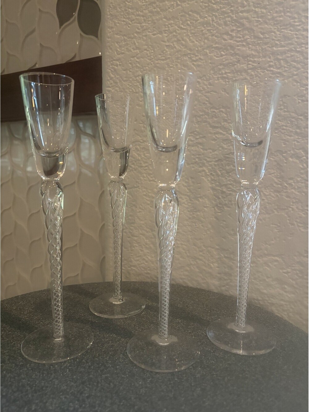 Vintage Crystal Cordial Glass Set 4 Long Stemmed Air Twist Spiral Blown Glass 9”